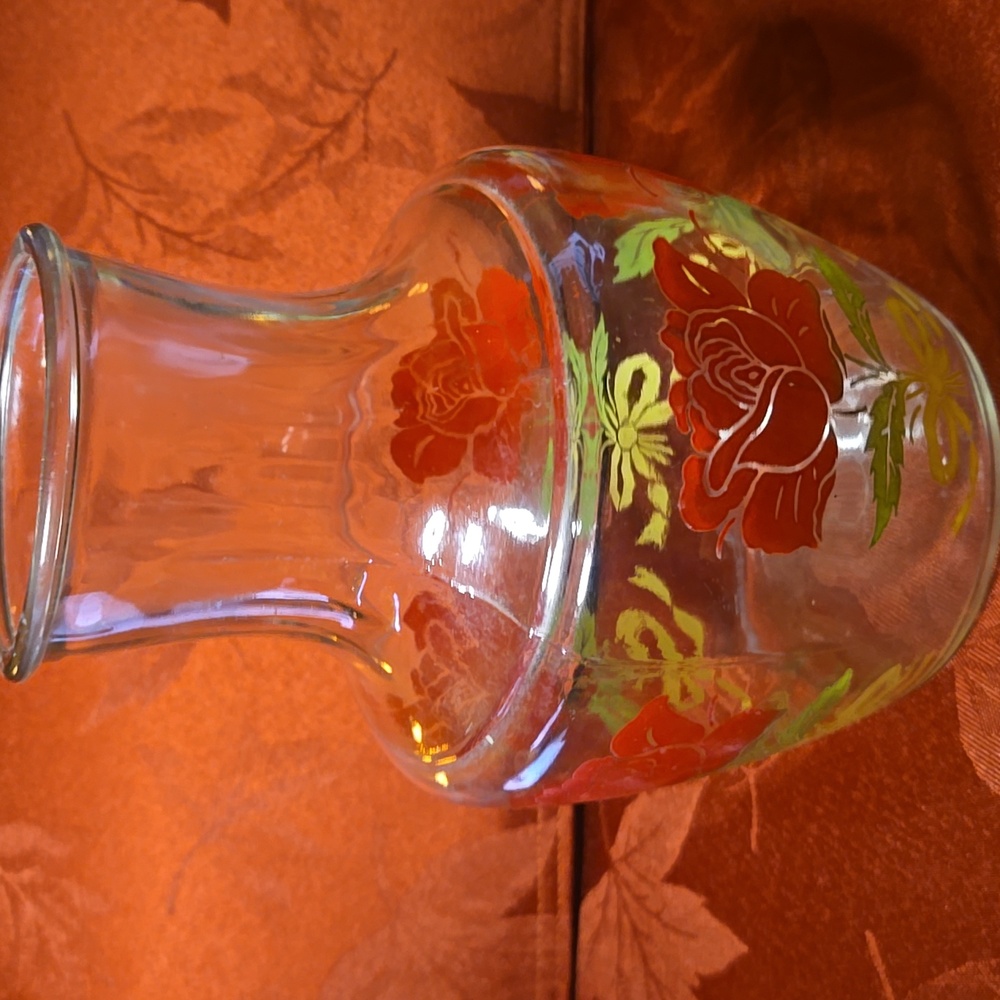 Vintage Anchor Hocking Floral Glass Decanter with Red and Gold Accents